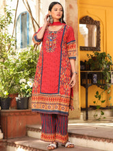 Rust Cotton Ikat Printed Kurta With Pants And Dupatta Set With Thread Embroidery & Laces (3-Pcs)-S4489RUST